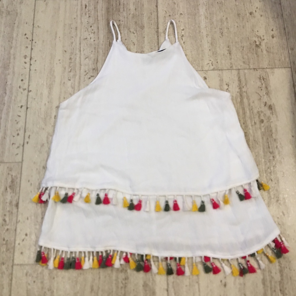 Blue Rain White Tank Top with Multicolor Tassel Trim